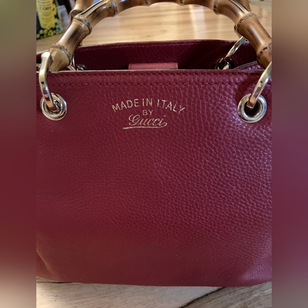 Gucci Bamboo Red Pebbled Leather Top Handle Bag w/ COA